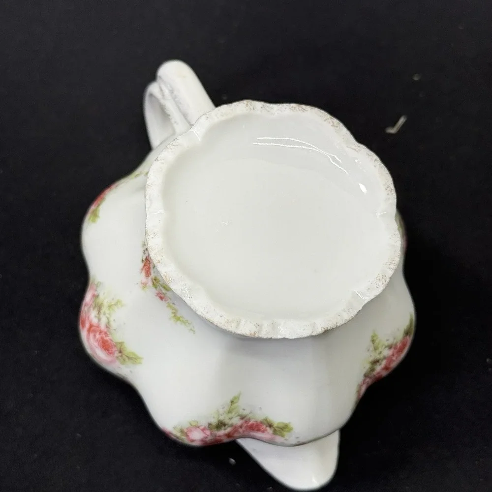 Antique Porcelain Creamer Pitcher Painted Pink Rose Design Decorative Handle‎